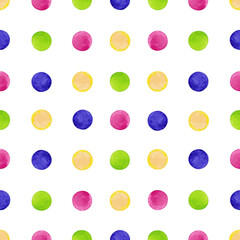Seamless pattern of green, pink, yellow, purple confetti. Christmas, Birthday, Valentine wrapping paper. Polka dots package texture. Watercolor hand drawn elements isolated on white background.