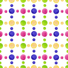 Seamless pattern of green, pink, yellow, purple dots in perpendicular lines. Christmas, Birthday, Valentine wrapping paper package texture. Watercolor hand drawn elements on white  background.