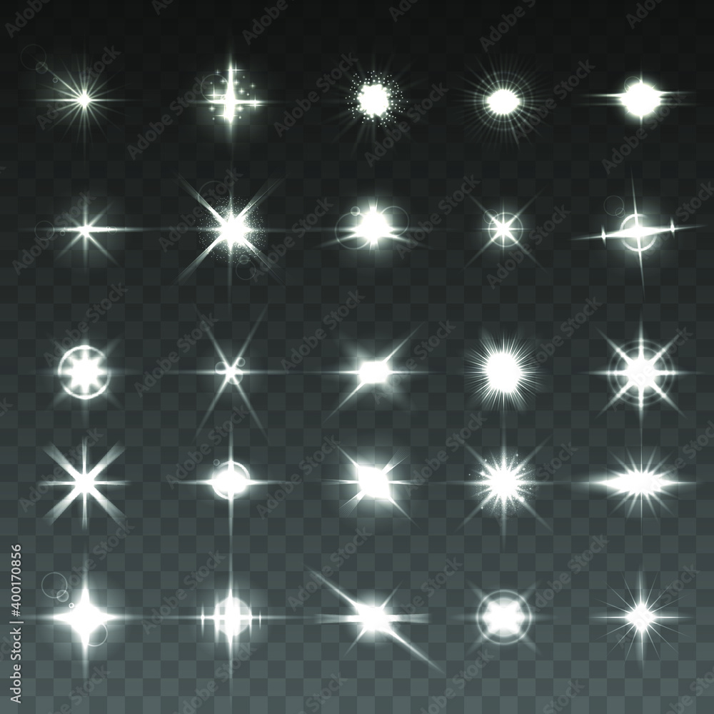 Poster set of white flashes of light isolated on transparent background. solar flare with rays and searchli
