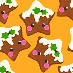 Cartoon colorful cute gingerbread stars with mistletoe seamless pattern template. Christmas vector illustration of bright cookie for games, background, pattern, decor. Print for fabrics