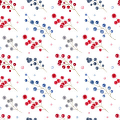 Watercolor seamless pattern with berries on the white background. Bright watercolor botanical illustration.