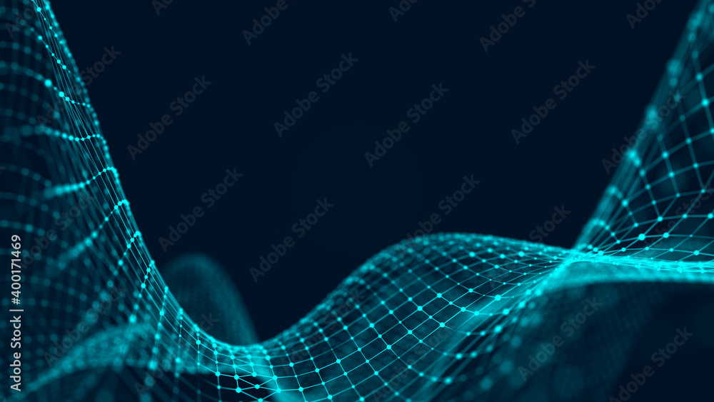Poster Connected polygons in a geometric background. Cybernetic particles network connection 3d rendering.
