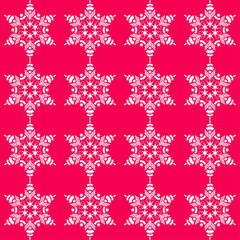 White painted snowflakes on a colored background. Seamless embroidered pattern. Merry Christmas! Winter holiday. Vector illustration for web design or print.