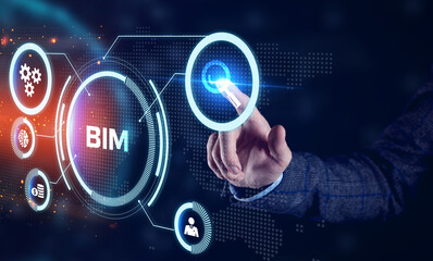 The concept of business, technology, the Internet and the network. A young entrepreneur working on a virtual screen of the future and sees the inscription: BIM