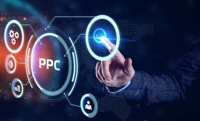 Pay per click payment technology digital marketing internet concept of virtual screen. PPC