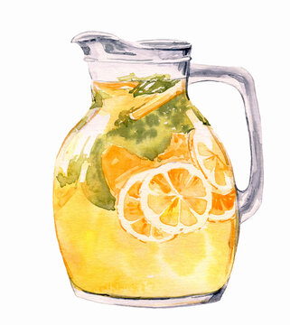 Watercolor illustration of lemon homemade lemonade in a glass jug