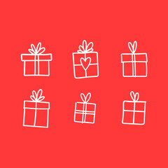 Hand drawn gifts collection. Present box with ribbons. Doodle illustrations. Christmas gift symbols.