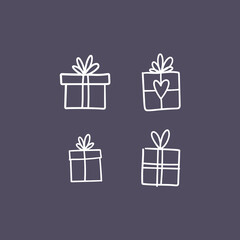 Hand drawn gifts collection. Present box with ribbons. Doodle illustrations. Christmas gift symbols.
