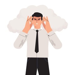 Office worker, employee or employer has terrible cluster headache or migraines symptoms. Tired and sick businessman holding his head with his hands and cant work because of severe pain in his head.