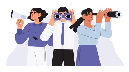 Man with binoculars, women with loudspeaker and spy glass. Concept employee, job and candidate search. People or office employees stand together and looking for new business or career opportunities.