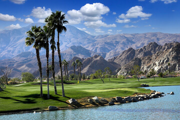 golf courseat sunset  in palm springs, california - obrazy, fototapety, plakaty