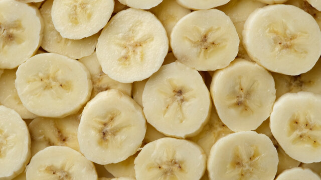 sliced banana top view. pieces of the most popular banana fruit