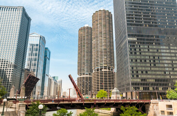 View of Chicago Downtown along the Chicago River, Illinois, USA