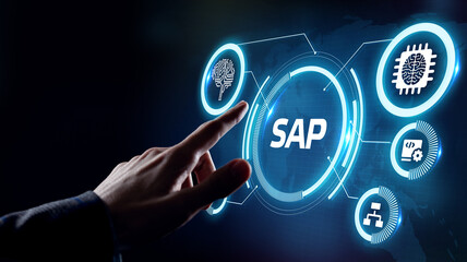 SAP System Software Automation concept on virtual screen data center. Business, modern technology, internet and networking concept. - obrazy, fototapety, plakaty