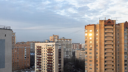 above view of residential district at sunrise in Moscow city in winter morning
