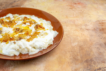 front view delicious dough slices with yogurt and oil on a light background dish calorie pasta