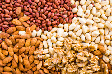 Almonds, peanut, walnut and hazelnuts in the bowl, beer and healthy snack