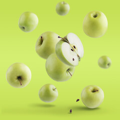 Flying in air fresh ripe whole and cut apple with seeds and leaves isolated on red background.