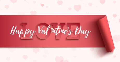 Happy Valentines Day horizontal banner on background with pink hearts.