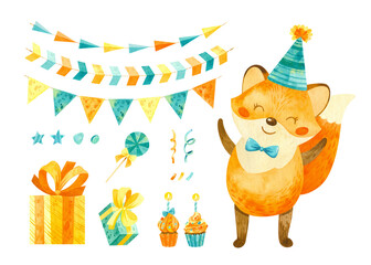 Happy fox cub with a birthday cap on his head and with a cupcakes, gifts and other birthday elements. Cute character. Watercolor clipart for children's party decoration, cake toppers, postcards.