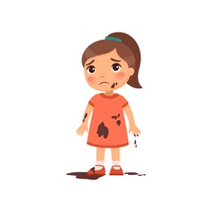 Sad dirty girl flat vector color illustration. Unhappy caucasian toddler in mud. Bad child behavior. Untidy, grubby little child with dark hair cartoon character isolated on white background
