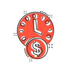 Time is money icon in comic style. Project management cartoon vector illustration on white isolated background. Deadline splash effect business concept.