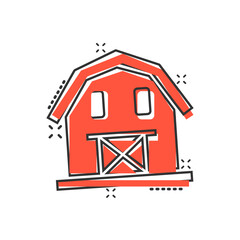 Barn icon in comic style. Farm house cartoon vector illustration on white isolated background. Agriculture storehouse splash effect business concept.