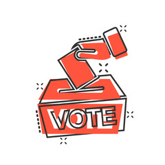 Vote icon in comic style. Ballot box cartoon vector illustration on white isolated background. Election splash effect business concept.