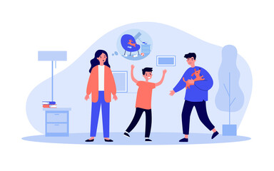 Family adopting dog. Cheerful father and kid, concerned mom flat vector illustration. Domestic animals, pet care concept for banner, website design or landing web page