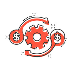 Money optimization icon in comic style. Gear effective cartoon vector illustration on white isolated background. Finance process splash effect business concept.