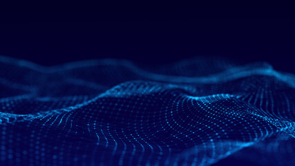 Digital blue wave of particles. Abstract futuristic dynamic background. Big data visualization. 3D rendering.