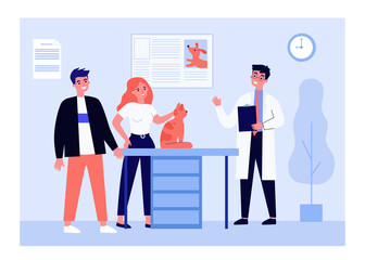 Veterinarian examining cat in his office. People, owners, clinic flat vector illustration. Veterinary hospital, animal care concept for banner, website design or landing web page