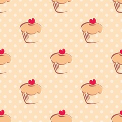 Seamless vector pattern or tile texture with cupcakes, muffins, sweet cake with red heart on top and white polka dots on beige background with sweets for desktop wallpaper or culinary blog website