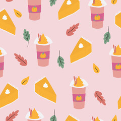 Seamless repeat pattern with slices of pumpkin pie and pumpkin spiced lattes with leaves on a pink background.