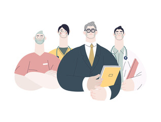 Fototapeta premium Medical insurance illustration -hospital administrator -modern flat vector concept digital illustration - a male hospital administrator with a team of doctors concept, medical office or laboratory
