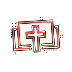 Fototapeta premium Bible book icon in comic style. Church faith cartoon vector illustration on white isolated background. Spirituality splash effect business concept.