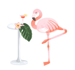片足で立つおしゃれなフラミンゴとトロピカルバーイメージ　ブルメリアとモンステラ
