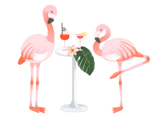 おしゃれなフラミンゴとトロピカルバーイメージ　ブルメリアとモンステラ
