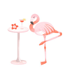 片足で立つおしゃれなフラミンゴとトロピカルバーイメージ　ブルメリア
