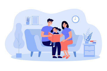 Cheerful parents reading book to daughter flat vector illustration. Cartoon father, mother and child having fun together and sitting on sofa. Family and parenthood concept
