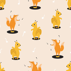 Seamless pattern with cute dancing squirrels and foxes