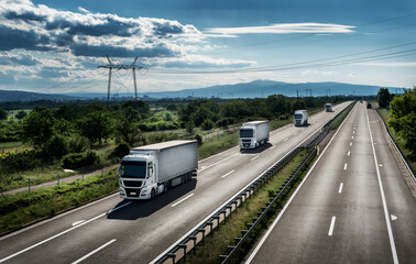 Highway transportation scene with  Caravan or Convoy of transportation trucks in line on a rural highway under a dramatic sky