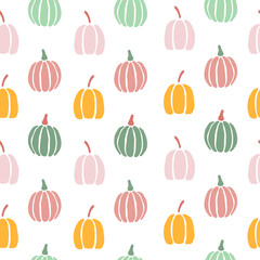 Vector illustration of repeat pattern with cute pumpkins in rows on a white background.