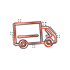 Truck icon in comic style. Auto delivery cartoon vector illustration on white isolated background. Lorry automobile splash effect business concept.