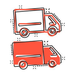 Truck icon in comic style. Auto delivery cartoon vector illustration on white isolated background. Lorry automobile splash effect business concept.