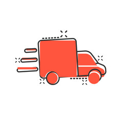 Truck icon in comic style. Auto delivery cartoon vector illustration on white isolated background. Lorry automobile splash effect business concept.
