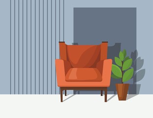 Orange armchair with home plant against gray wall. Home interior