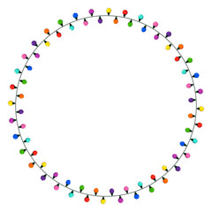 Christmas lights string circle frame. Round wreath illustration with copy space. Ring shape garland festive border isolated on white background. Vector colorful design element.