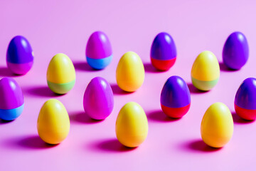 Colorful Plastic Easter Eggs on pink background