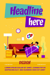 Sick man calling ambulance. Guy with thermometer in mouth checking heartbeat rate with phone app flat vector illustration. Fever, flu, illness concept for banner, website design or landing web page